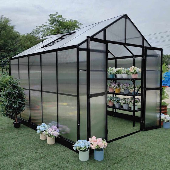 Pacific Series 7' x 9' Greenhouse, 7.4' Height, Heavy-Duty Aluminum Frame with Polycarbonate Roof and Walls, Slide & Lock Assembly System, TMG-GHP0709