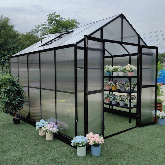 Pacific Series 7' x 9' Greenhouse, 7.4' Height, Heavy-Duty Aluminum Frame with Polycarbonate Roof and Walls, Slide & Lock Assembly System, TMG-GHP0709