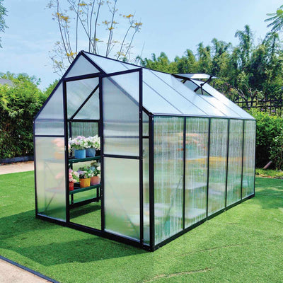 Serre de 6' x 10' avec toit et parois en polycarbonate, cadre en aluminium durable, assemblage rapide, série Essential, TMG-GHE0610