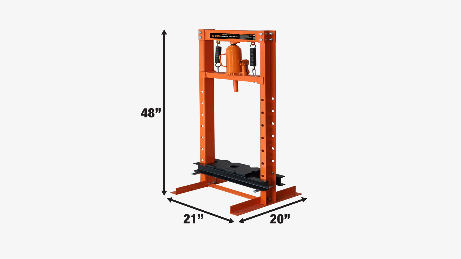 TMG Industrial 12 Ton Capacity Hydraulic Shop Press, H-Frame, Hand Crank Bottle Jack Pressing, 8 Bed Height Positions, TMG-ASP12-specifications-image