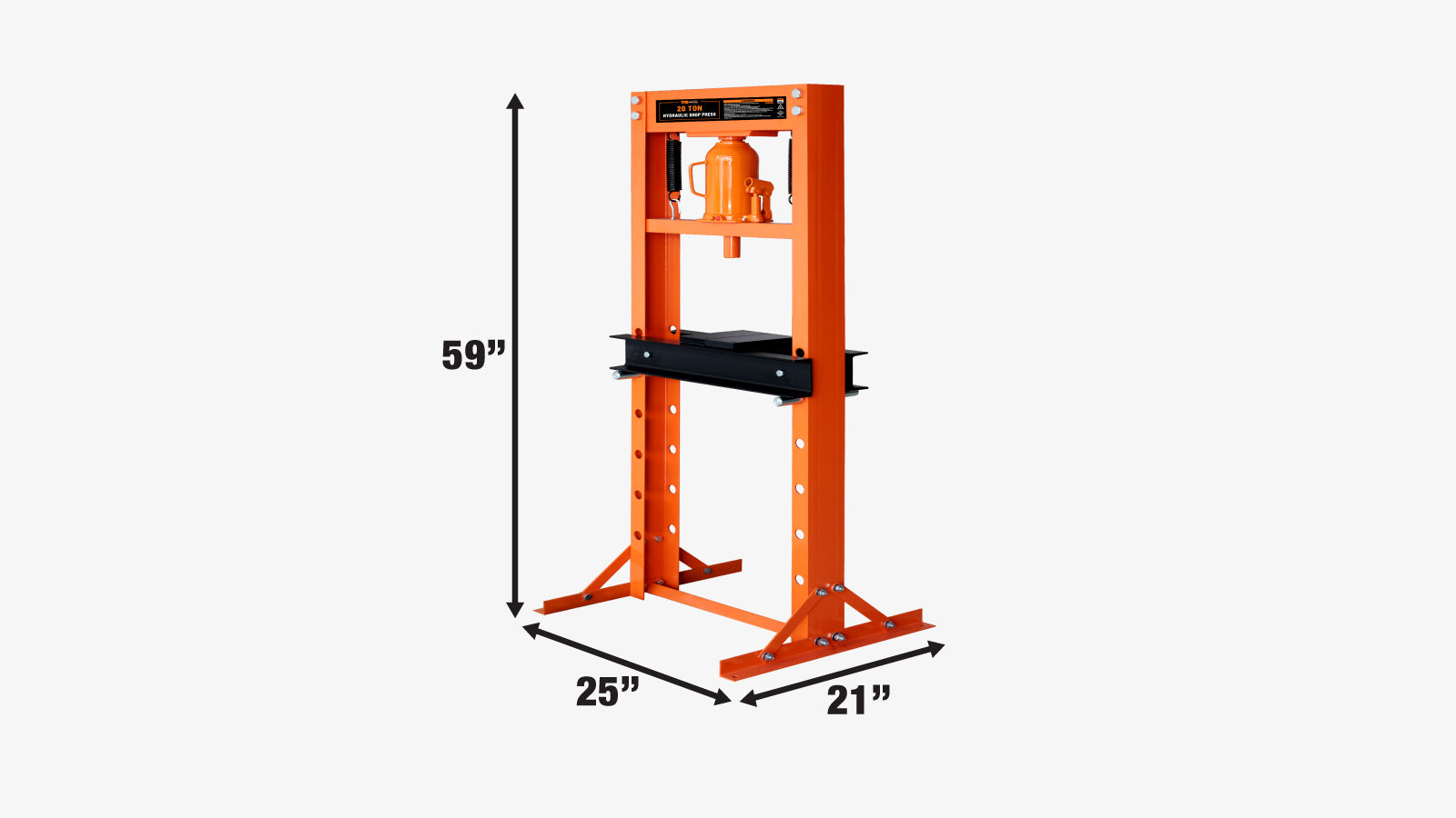 TMG Industrial 20 Ton Capacity Hydraulic Shop Press, H-Frame, Hand Crank Bottle Jack Pressing, 6 Bed Height Positions, TMG-ASP20-specifications-image
