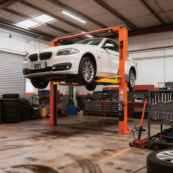 ALI Certified 10,000 lb Two-Post Overhead Auto Lift, Symmetric Arms, 79" Lift Height, 144" Cross Beam TMG-ALT130