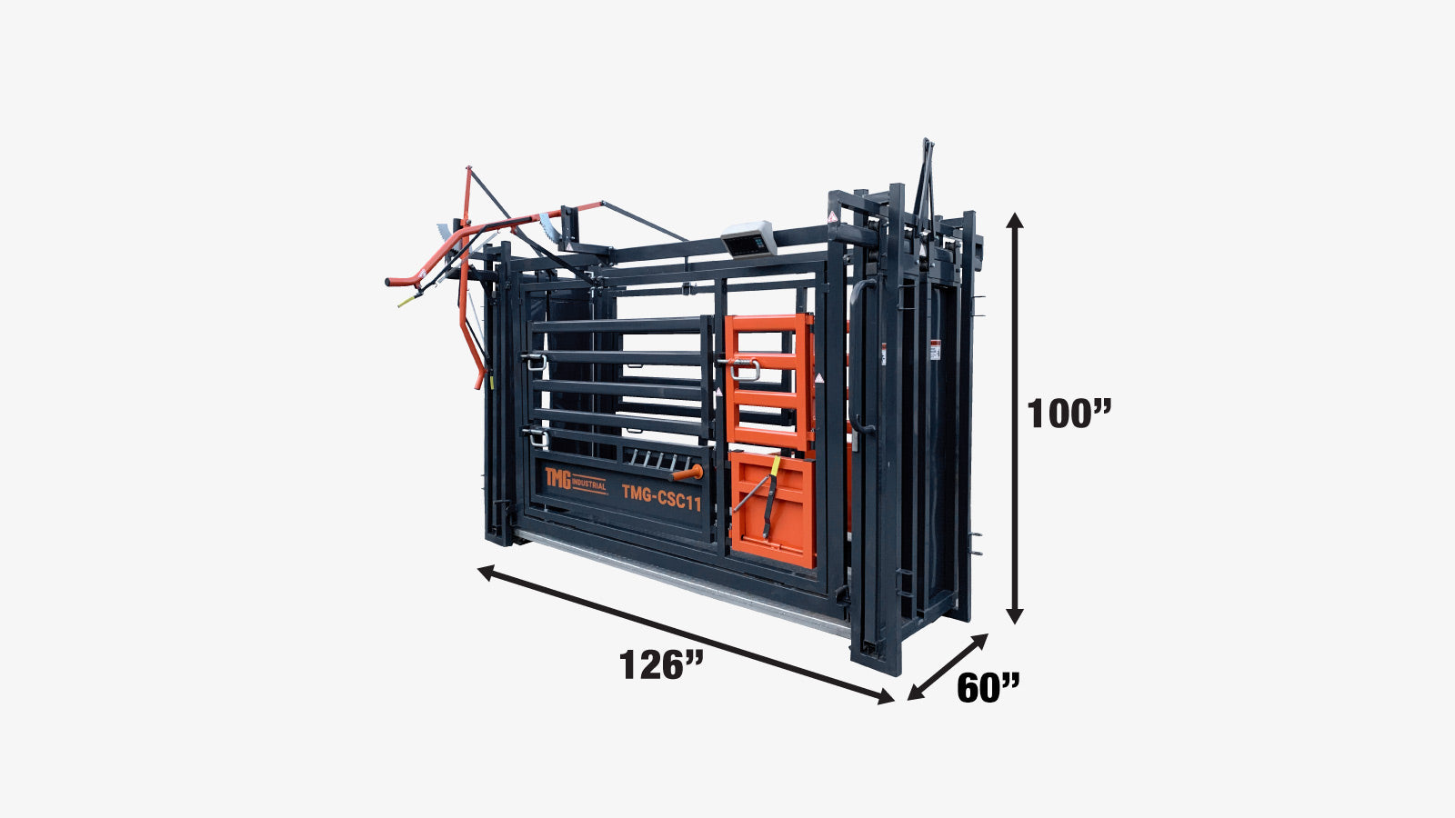 TMG Industrial 10’ Squeeze Cattle Work Chute 4500-lb Weight Scale, Side Exit, Side Squeeze, Upper/Lower Swing Openings, LCD Weight Display, TMG-CSC11-specifications-image
