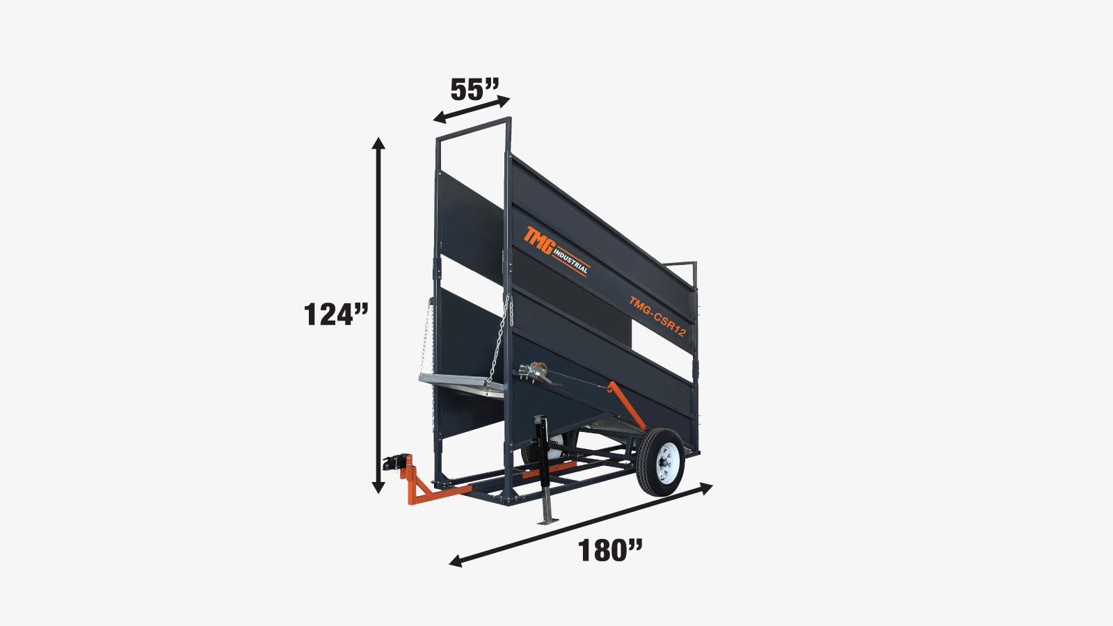 TMG Industrial Rampe de chargement portable pour bovins de 12 pi, capacité de châssis de 2 600 lb, capacité d'attelage de 10 000 lb, plancher à carreaux côtelés, TMG-CSR12-specifications-image