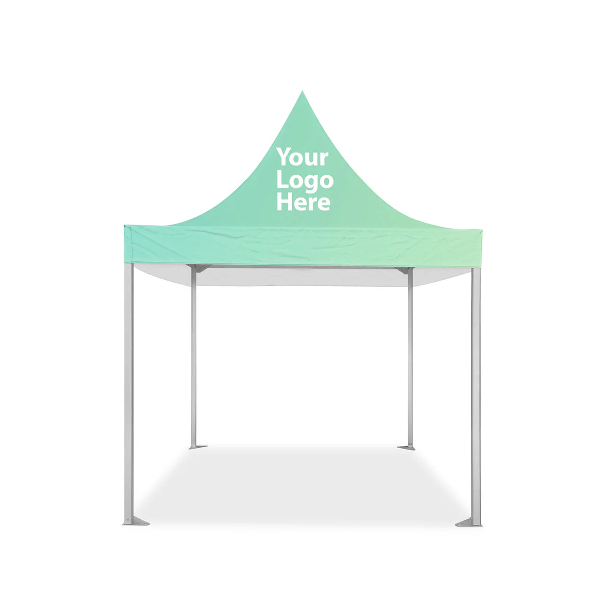Front view of mint peaked canopy with 'Your Logo Here', Marquee Tent Canopy