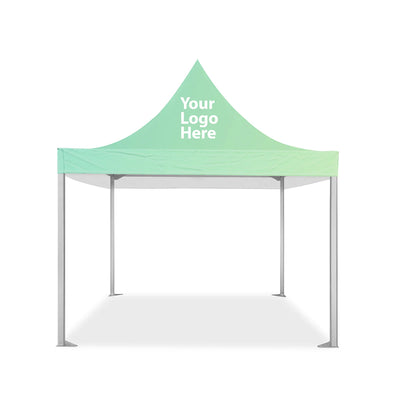 Front view mint peak with 'Your Logo Here' on 13' x 13' marquee tent canopy