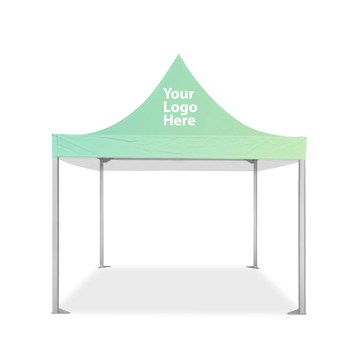 Front view mint peak with 'Your Logo Here' on 13' x 13' marquee tent canopy
