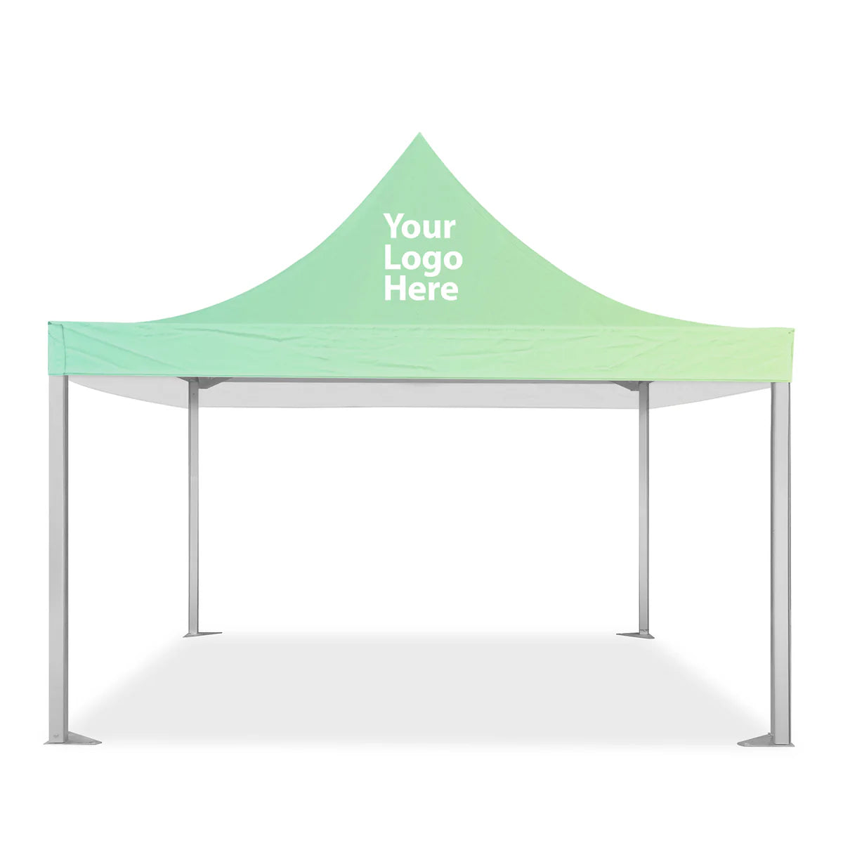 Front view of mint-peaked 20' x 20' custom printed marquee tent canopy