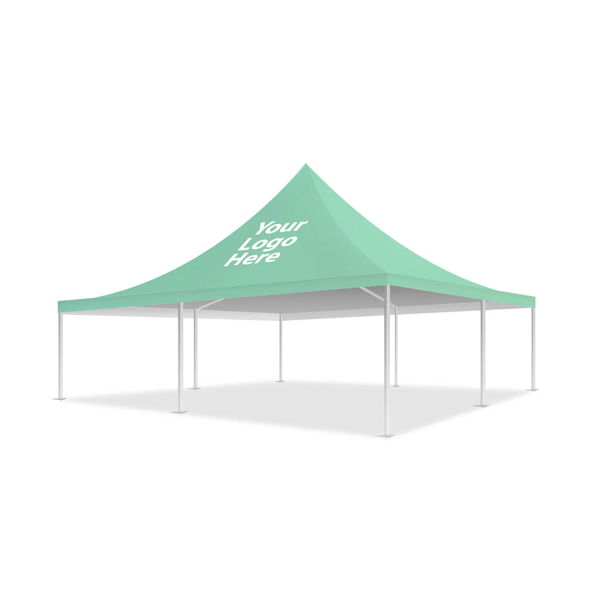 Mint-green model with peak logo area on marquee tent canopy.