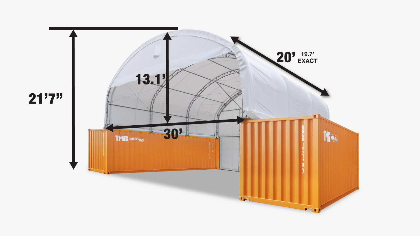 TMG Industrial 30' x 20' Dual Truss Container Shelter with Heavy Duty 17 oz PVC Cover, Enclosed End Wall & Front Drop, TMG-DT3020CF-specifications-image