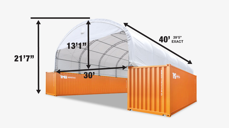 30' x 40' Dual Truss Container Shelter with Heavy Duty 17 oz PVC Cover, Enclosed End Wall & Front Drop TMG-DT3040CF