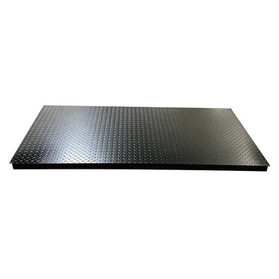 Black diamond-plate rectangular platform floor scale, low-profile on white background.
