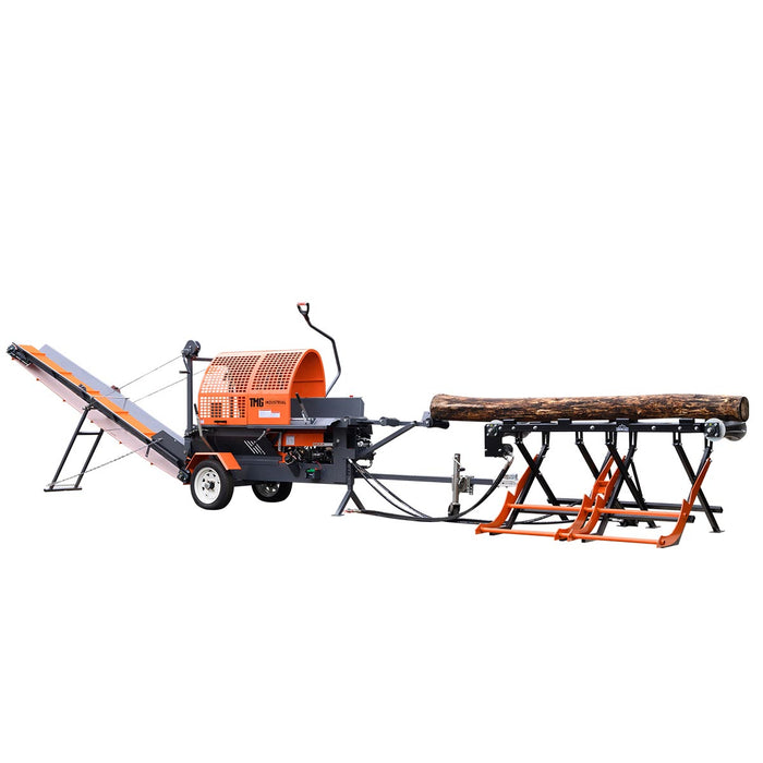 TMG-GLS16 firewood splitter processor with 15 HP engine, 20 ton splitting force and foldable conveyor
