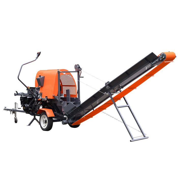 TMG-GLS16 firewood splitter processor with 15 HP engine, 20 ton splitting force and foldable conveyor
