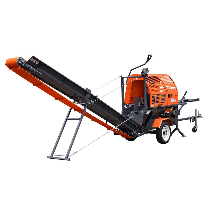 TMG-GLS16 firewood splitter processor with 15 HP engine, 20 ton splitting force and foldable conveyor
