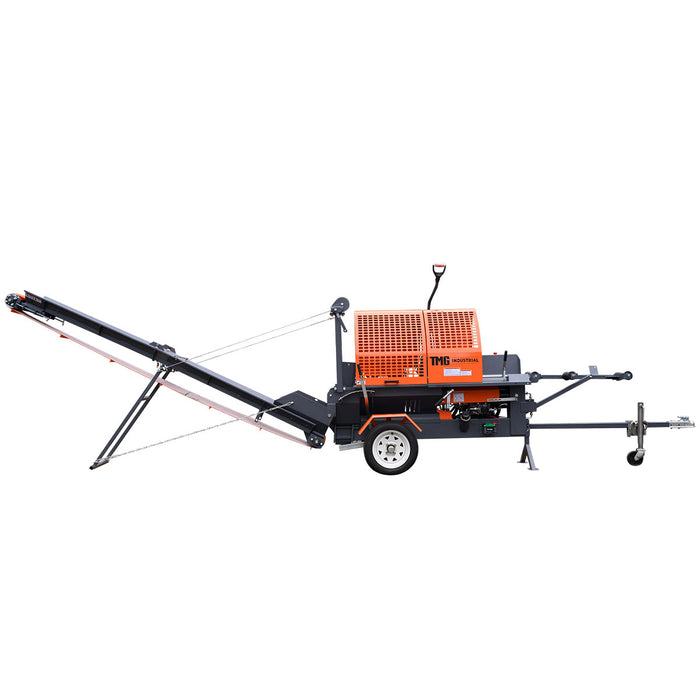 TMG-GLS16 firewood splitter processor with 15 HP engine, 20 ton splitting force and foldable conveyor
