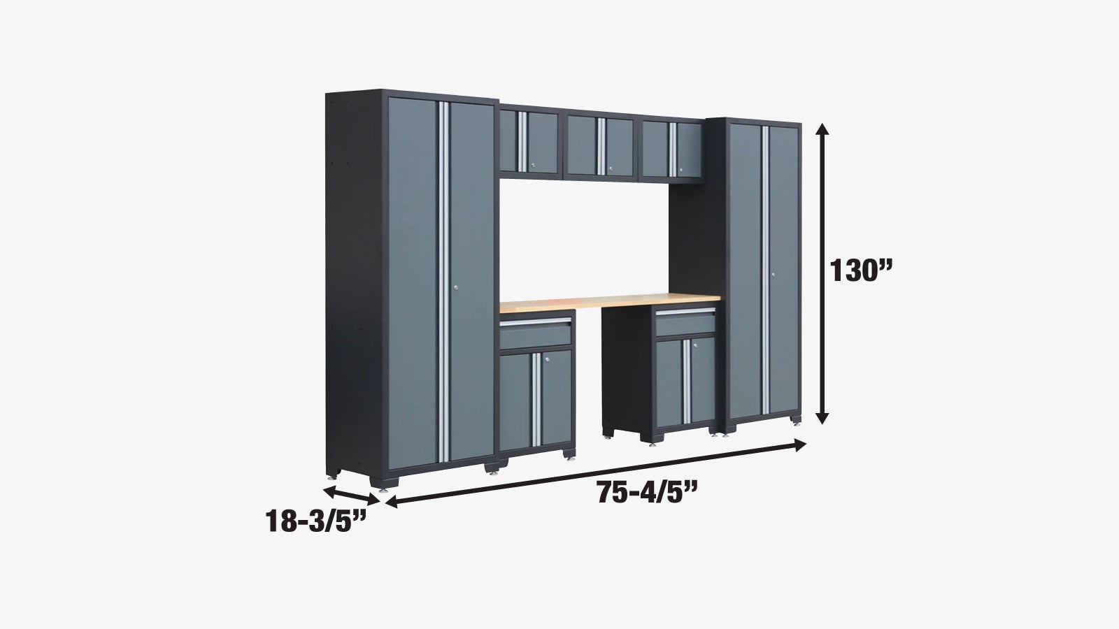 TMG Industrial Pro Series Ensemble combiné d'armoires de rangement de garage 8 pièces, plateau en bois d'hévéa, poignées en aluminium encastrées, TMG-GCC08B-specifications-image