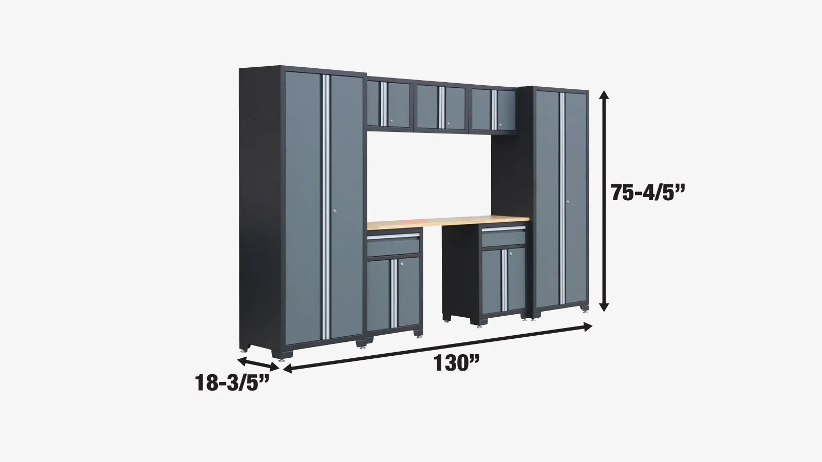 TMG Industrial Pro Series Ensemble combiné d'armoires de rangement de garage 8 pièces, plateau en bois d'hévéa, poignées en aluminium encastrées, TMG-GCC08B-specifications-image