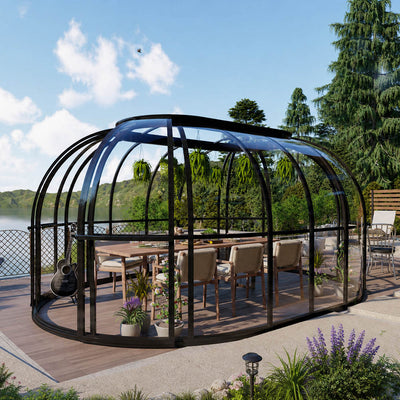 Série Nordic Serre bioclimatique SkyDome ovale 5,5 m x 4,1 m, Dôme pavillon hauteur 2,7 m, Cadre en aluminium robuste, Panneaux en polycarbonate plein transparent TMG-GHN1813V