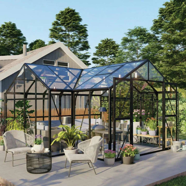 Orangery Series 19’ x 24’ T-Shaped Gazebo-Style Greenhouse, 8.4’ Height, Expandable Heavy-Duty Box Frame, Full 4mm Tempered Glass Roof and Wall Panels TMG-GHR1924