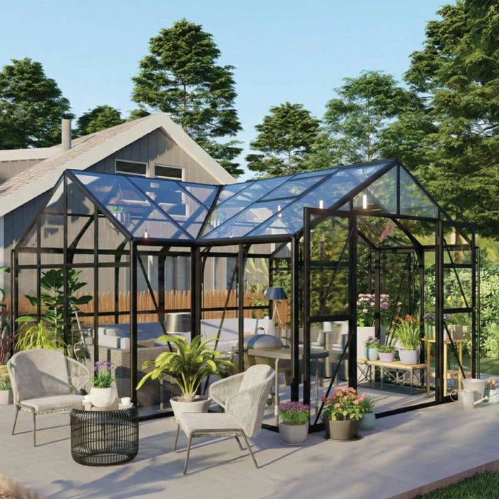 Orangery Series 19’ x 24’ T-Shaped Gazebo-Style Greenhouse, 8.4’ Height, Expandable Heavy-Duty Box Frame, Full 4mm Tempered Glass Roof and Wall Panels TMG-GHR1924