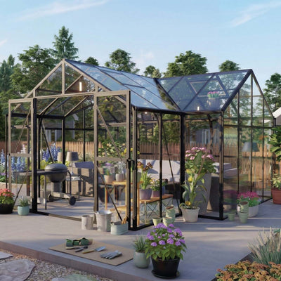 Serre Orangerie Série 14' x 14' de type Gazebo, Hauteur 8.3', Châssis en profilés lourds extensible, Panneaux de toit et de mur entièrement en verre trempé de 4mm, TMG-GHR1414