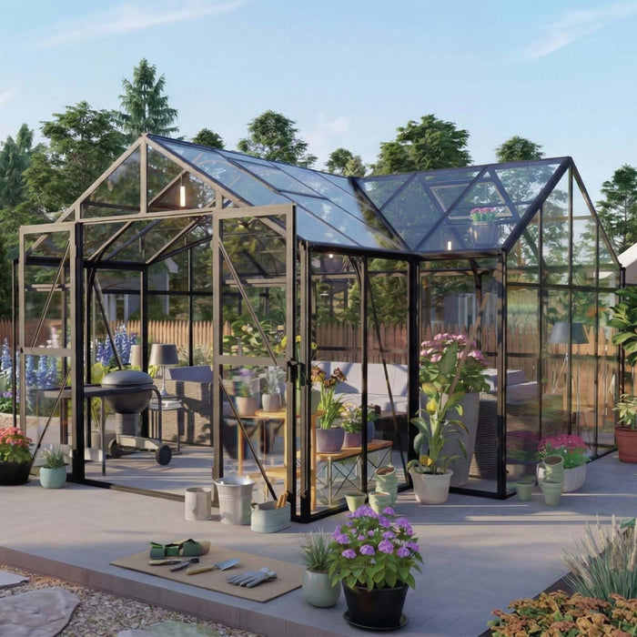 Orangery Series 14' x 14' Gazebo-Style Greenhouse, 8.3' Height, Expandable Heavy-Duty Box Frame, Full 4mm Tempered Glass Roof and Wall Panels, TMG-GHR1414