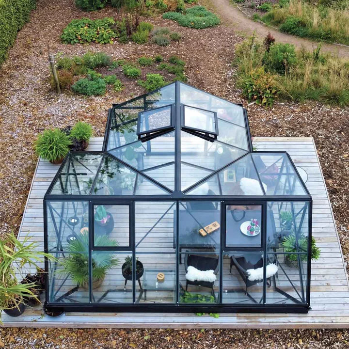 Orangery Series 19’ x 24’ T-Shaped Gazebo-Style Greenhouse, 8.4’ Height, Expandable Heavy-Duty Box Frame, Full 4mm Tempered Glass Roof and Wall Panels TMG-GHR1924