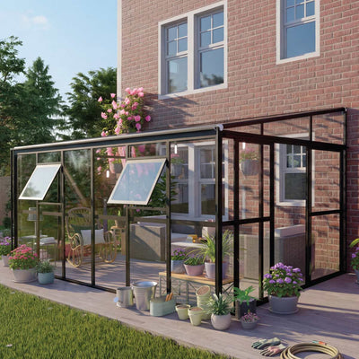 Serre de jardin adossée Alpine Series 7' x 14', hauteur 7,7', cadre en aluminium robuste, murs en verre trempé et toit en polycarbonate, TMG-GHA0714L