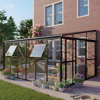 Serre de jardin adossée Alpine Series 7' x 14', hauteur 7,7', cadre en aluminium robuste, murs en verre trempé et toit en polycarbonate, TMG-GHA0714L