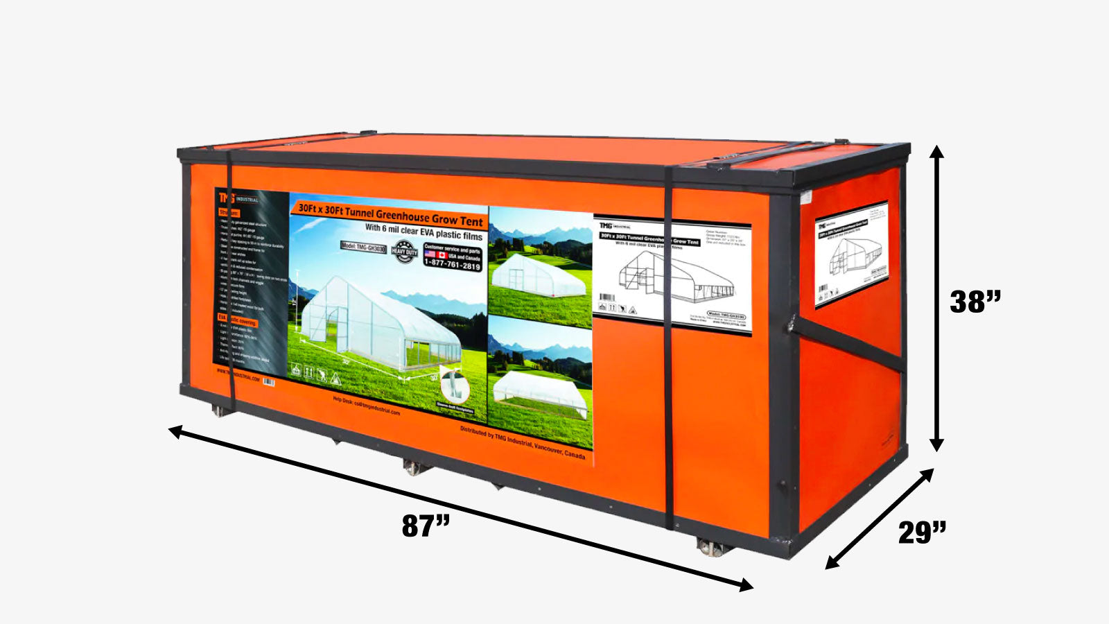 TMG Industrial 30' x 30' Tente de culture en tunnel avec film plastique EVA transparent de 6 mil, cadre froid, côtés enroulables à manivelle, toit de plafond en pointe, TMG-GH3030-shipping-info-image