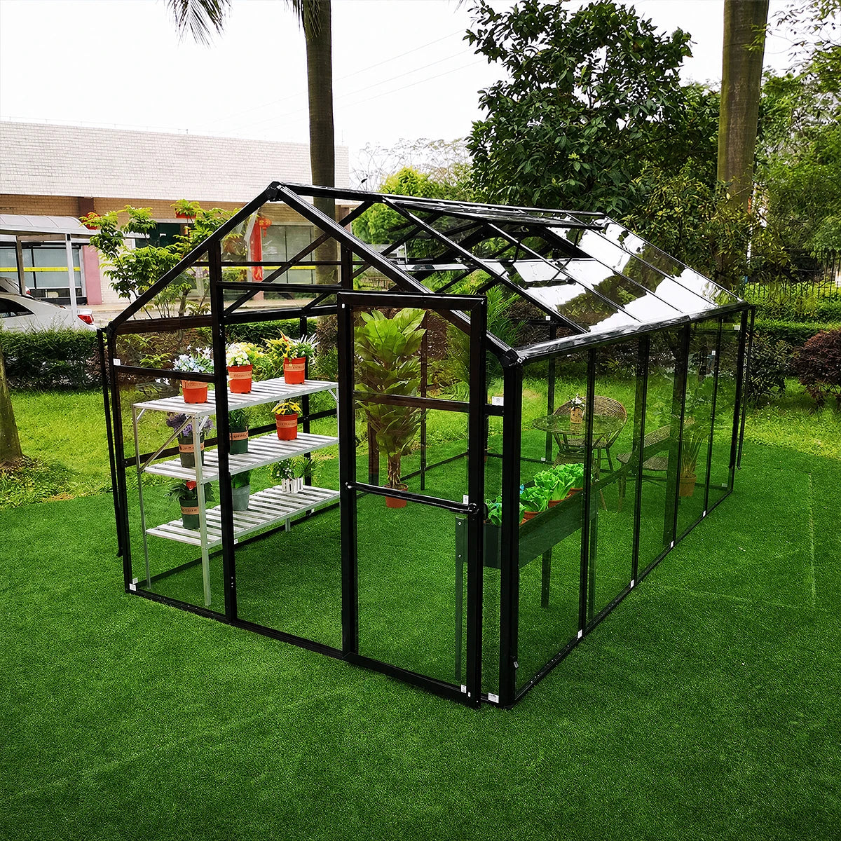 Alpine Series 8' x 16' Sunroom Greenhouse, 7'6" Height, Polycarbonate Roof and Glass Walls, Heavy Aluminum Frame, Slide & Lock Assembly, TMG-GHA0816