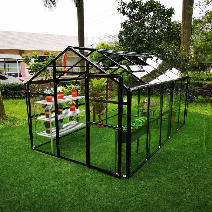 Véranda-serre Alpine Series 8' x 8', hauteur 7'6", toit en polycarbonate et murs en verre, cadre en aluminium lourd, assemblage coulissant et verrouillable, TMG-GHA0808