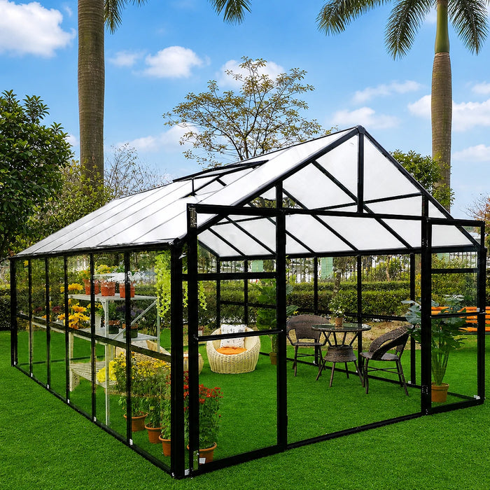 Alpine Series 11' x 8' Sunroom Greenhouse, 8'4" Height, Polycarbonate Roof and Glass Walls, Heavy Aluminum Frame, Slide & Lock Assembly, TMG-GHA1208