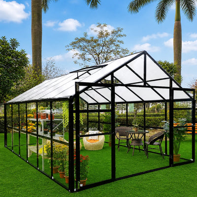 Large outdoor sunroom greenhouse with glass walls, seating and plants