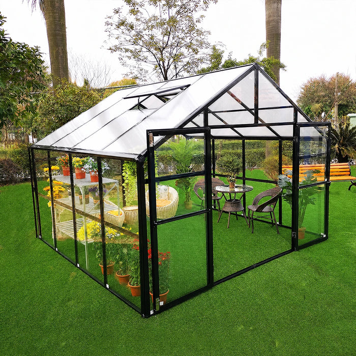 Alpine Series 11' x 8' Sunroom Greenhouse, 8'4" Height, Polycarbonate Roof and Glass Walls, Heavy Aluminum Frame, Slide & Lock Assembly, TMG-GHA1208