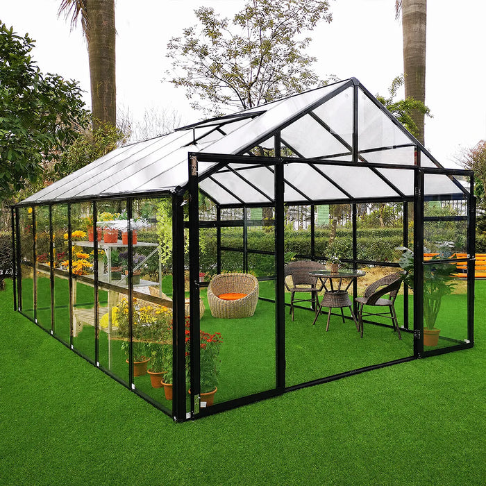 Alpine Series 11' x 8' Sunroom Greenhouse, 8'4" Height, Polycarbonate Roof and Glass Walls, Heavy Aluminum Frame, Slide & Lock Assembly, TMG-GHA1208