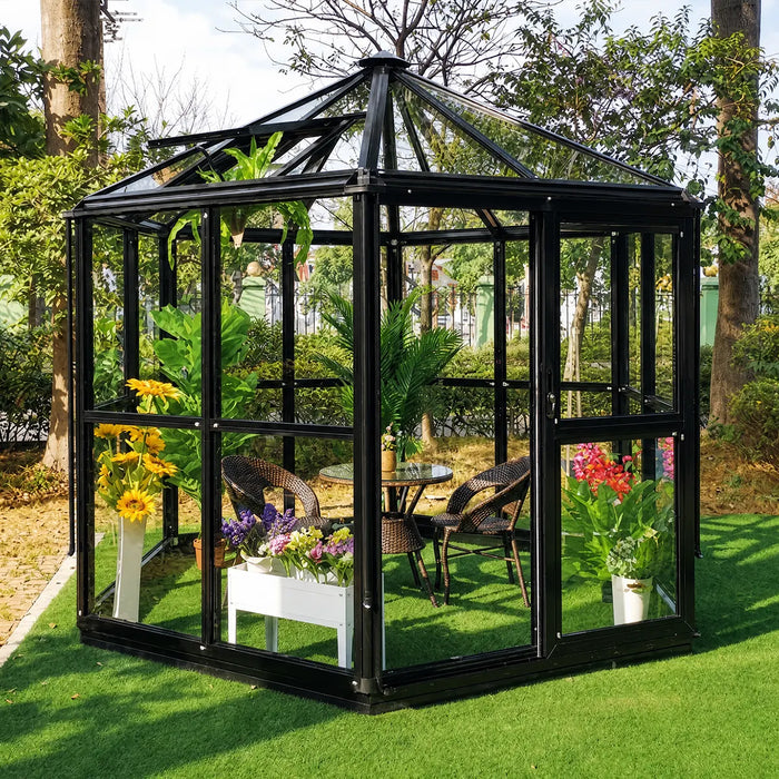 Nordic Series 9' x 10' Diamond Sunroom Greenhouse, 9' Height, Tempered Glass Walls and Polycarbonate Roof, Heavy Aluminum Frame, Slide & Lock Assembly, TMG-GHN0910M