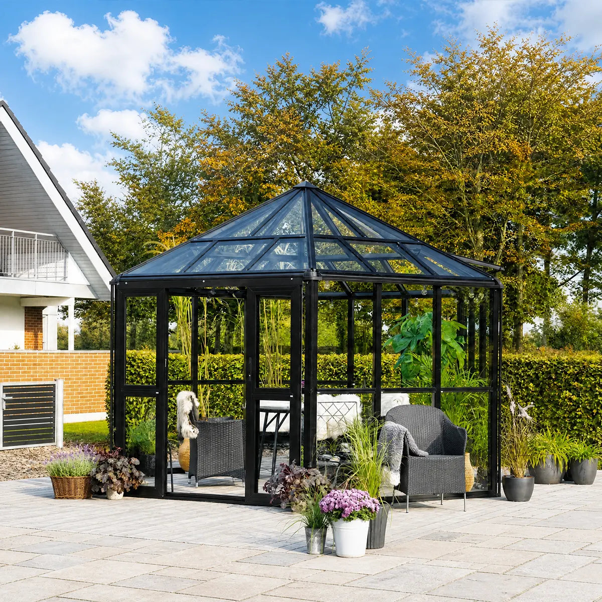 Nordic Series 9' x 10' Diamond Sunroom Greenhouse, 9' Height, Tempered Glass Walls and Polycarbonate Roof, Heavy Aluminum Frame, Slide & Lock Assembly, TMG-GHN0910M