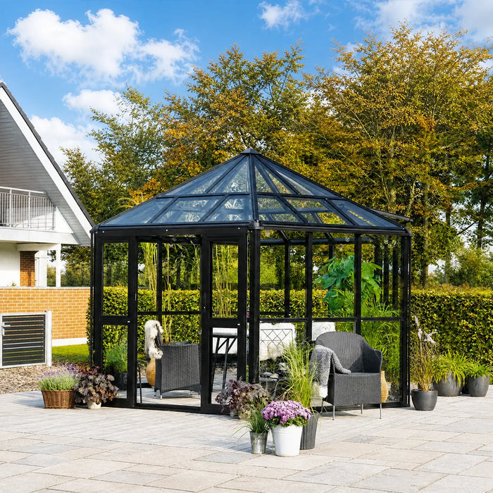 Nordic Series 11' x 12' Diamond Sunroom Greenhouse, 9.5' Height, Tempered Glass Walls and Polycarbonate Roof, Heavy Aluminum Frame, Slide & Lock Assembly, TMG-GHN1112M