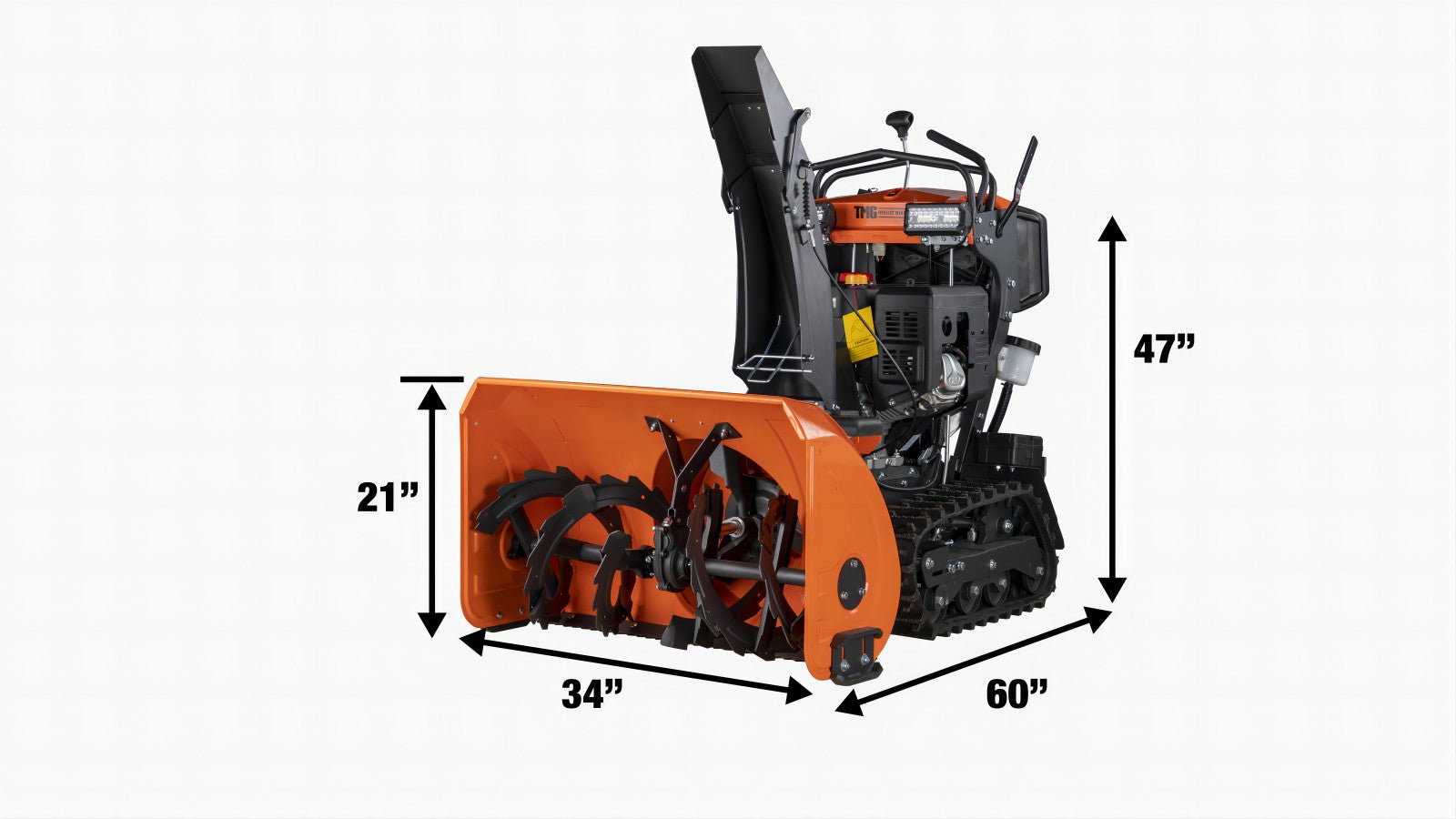 TMG Industrial 34” Stand-On Gas-Powered Snow Blower, Dual Stage, Rubber Track, LED Light, 50’ Throwing Distance, TMG-GSB36-specifications-image