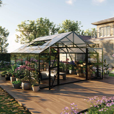 Serre de style pavillon Nordic Series 3,96 m x 8,05 m, hauteur 2,74 m, cadre en aluminium extensible, parois en verre trempé et toit en polycarbonate TMG-GHN1326