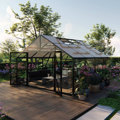 Serre de style pavillon de jardin Nordic Series 13' x 13', hauteur de 9', cadre en aluminium extensible, murs en verre trempé et toit en polycarbonate, TMG-GHN1313