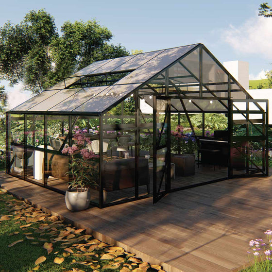 Nordic Series 16' x 13' Gazebo-Style Greenhouse, 10' Height, Expandable Aluminum Frame, Tempered Glass Walls and Polycarbonate Roof, TMG-GHN1613