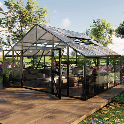 Serre de style pavillon de jardin Nordic Series 16' x 13', hauteur 10', cadre en aluminium extensible, murs en verre trempé et toit en polycarbonate, TMG-GHN1613