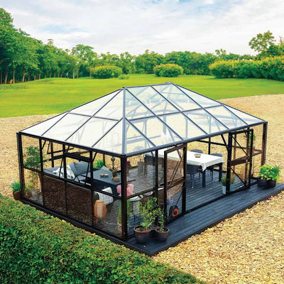 Serre de jardin de style gazebo premium Nordic Series 6,1 m x 3,9 m, hauteur 3 m, cadre en aluminium robuste et panneaux de toit et muraux entièrement en verre trempé, TMG-GHN2013