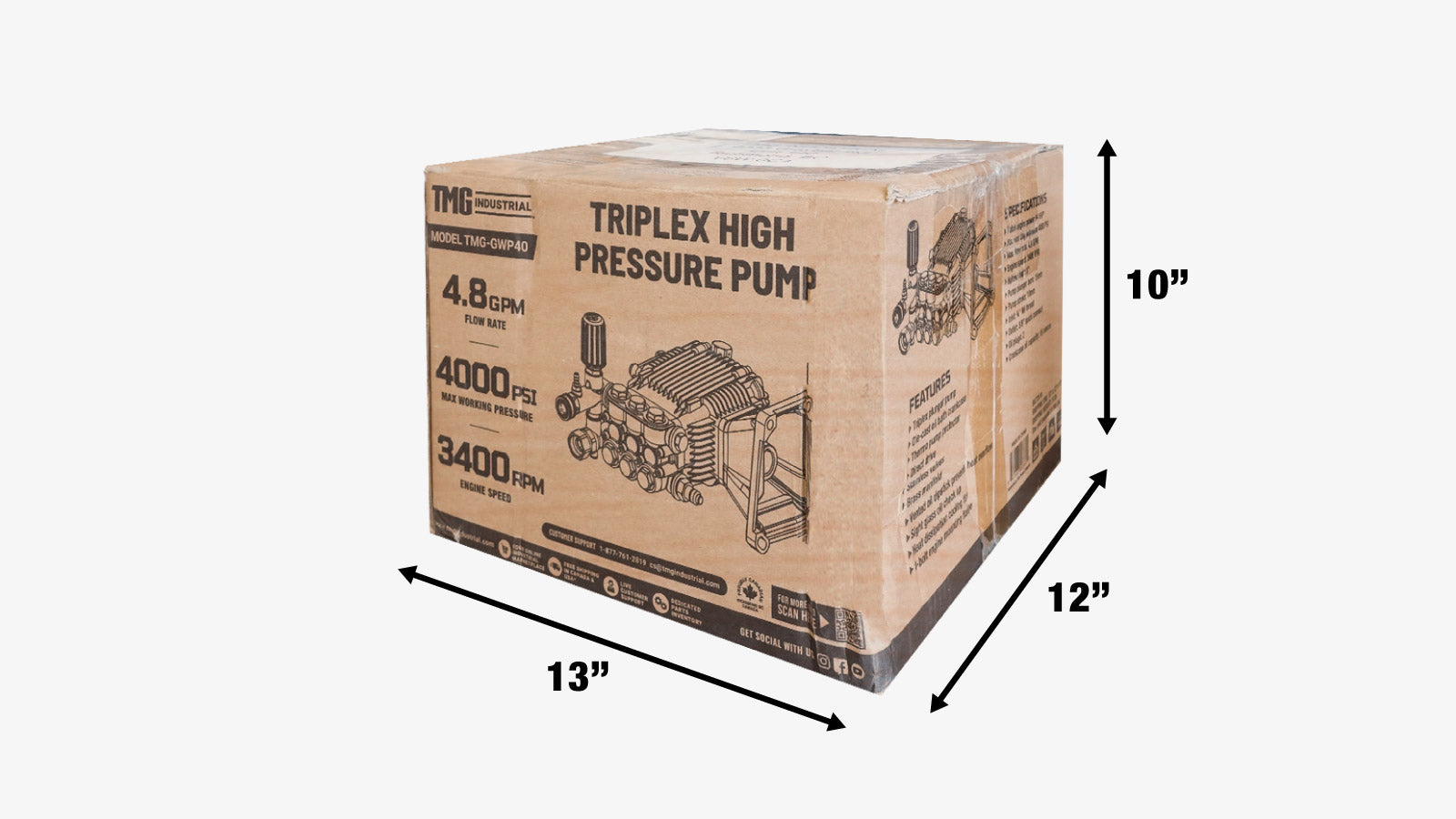 TMG Industrial Triplex Plunger Pressure Pump, Max. 4000 PSI, 5 GPM, 3400 RPM, 1” Hollow Shaft, Compatible Engine Power 9-15 HP, TMG-GWP40-shipping-info-image