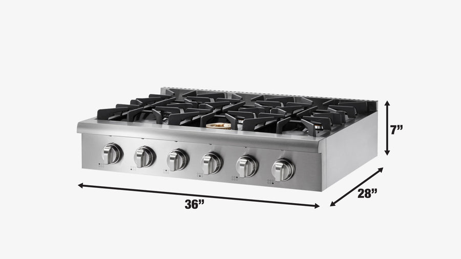 TMG Living Kitchen 36" Gas Range Cooktop, 6 Burners, 15000-18000 BTU w/680 BTU Simmer, LPG/NG Fuel, Blue LED Lights, TMG-HRG36T