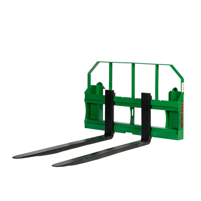 Green frame and extended black tines of Pallet Fork for Tractor Loader