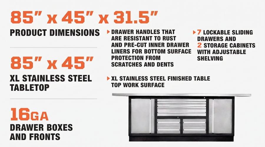 TMG Heavy Series™ Stainless-Steel Extra-Large 85" x 45" Platform Workbench, 7 Lockable Drawers, 2 Storage Cabinets, All-in-One Welded Frame, TMG-WB708S (Previously TMG-WB85XS)